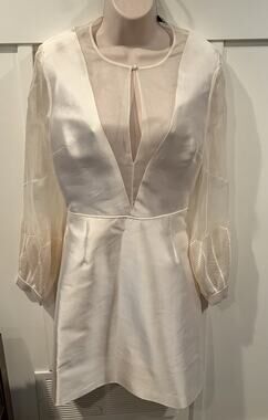 Gabriela Hearst Ivory Silk Wool Satin A-Line Sheer Round Neck Dress Size 2